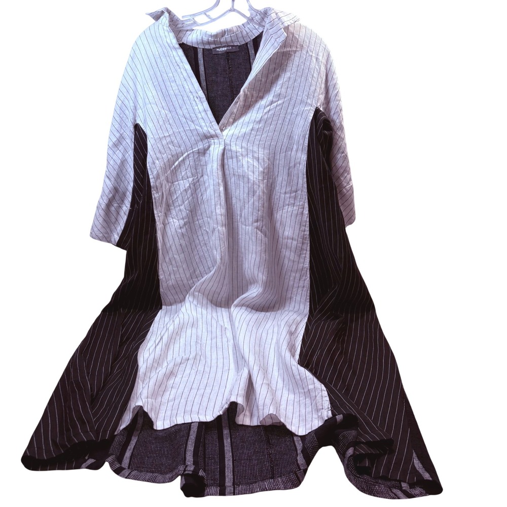 Alembika Womens XS Striped Linen Blend Lagenlook Midi Dress Black White‎ Israel
